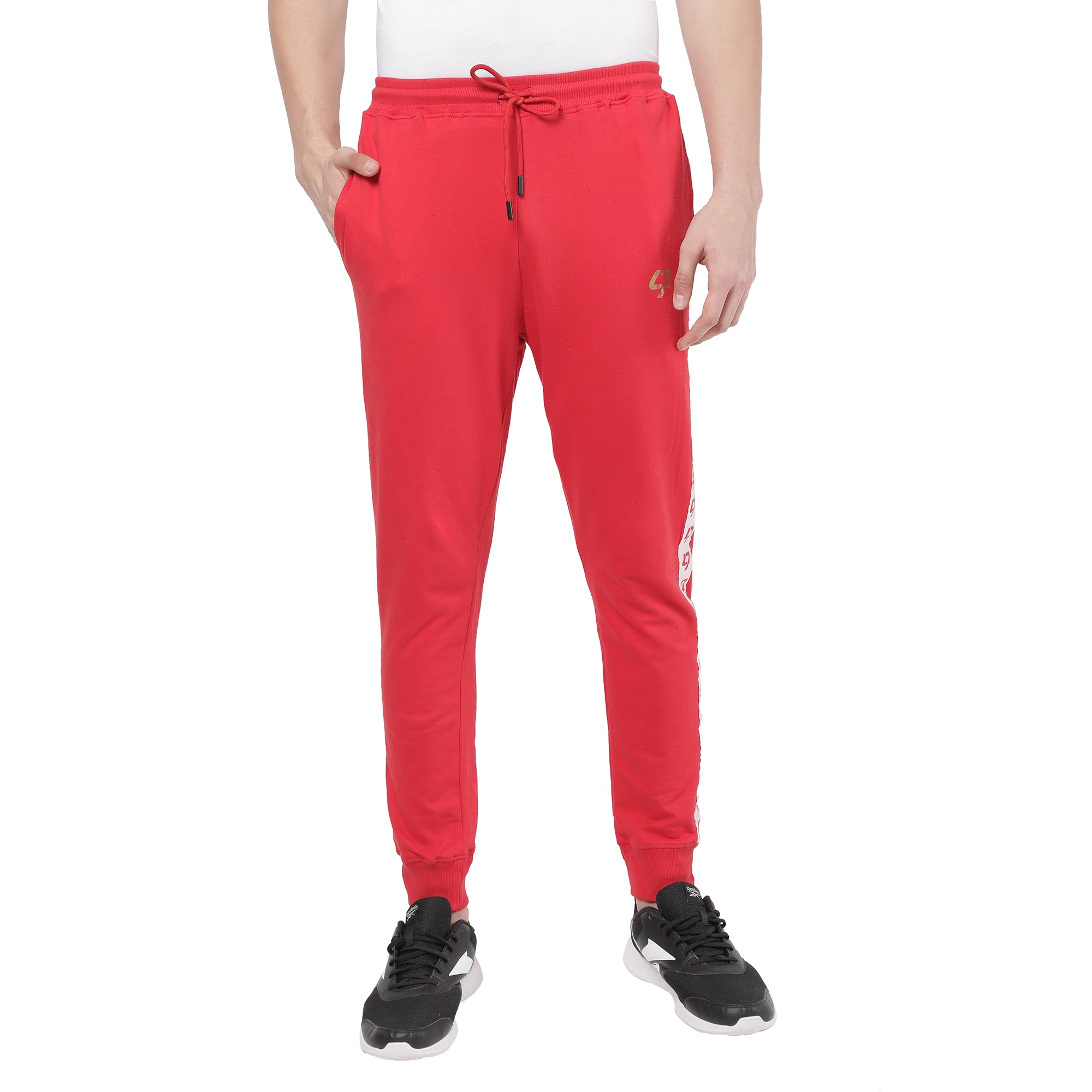 Red joggers white on sale stripe